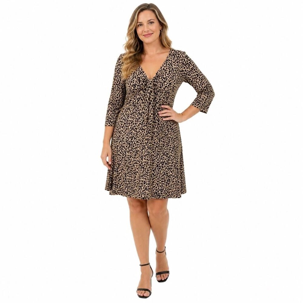 Ann Taylor Loft Dress Womens 8 Leopard 3/4 Sleeve Fit Flare V Neck Knee Jersey